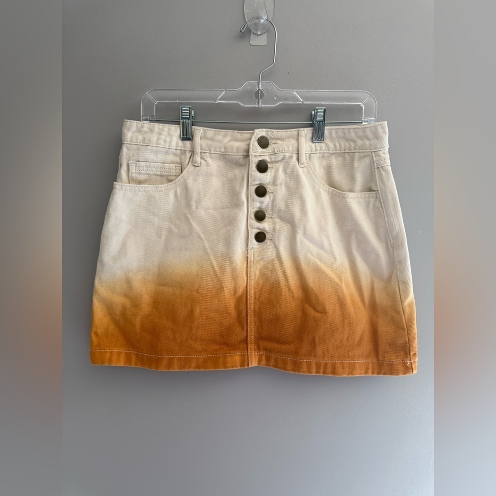Forever 21 Denim Mini Skirt Women’s SZ L Orange Tie Dye Button Front Pockets Y2K